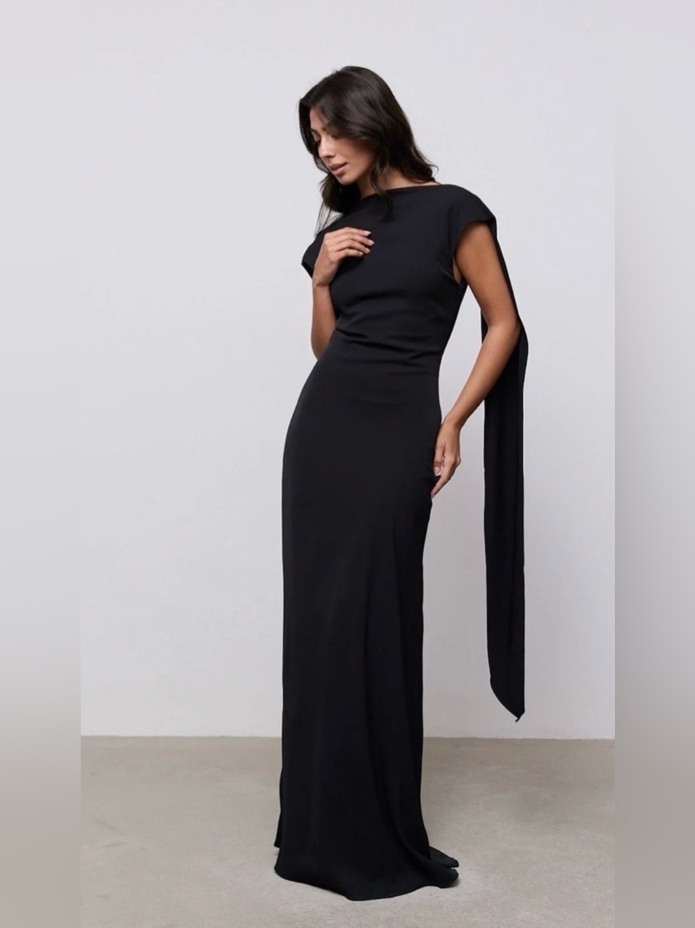 Odd Muse Elegant Black Maxi Dress with Draped Sleeve